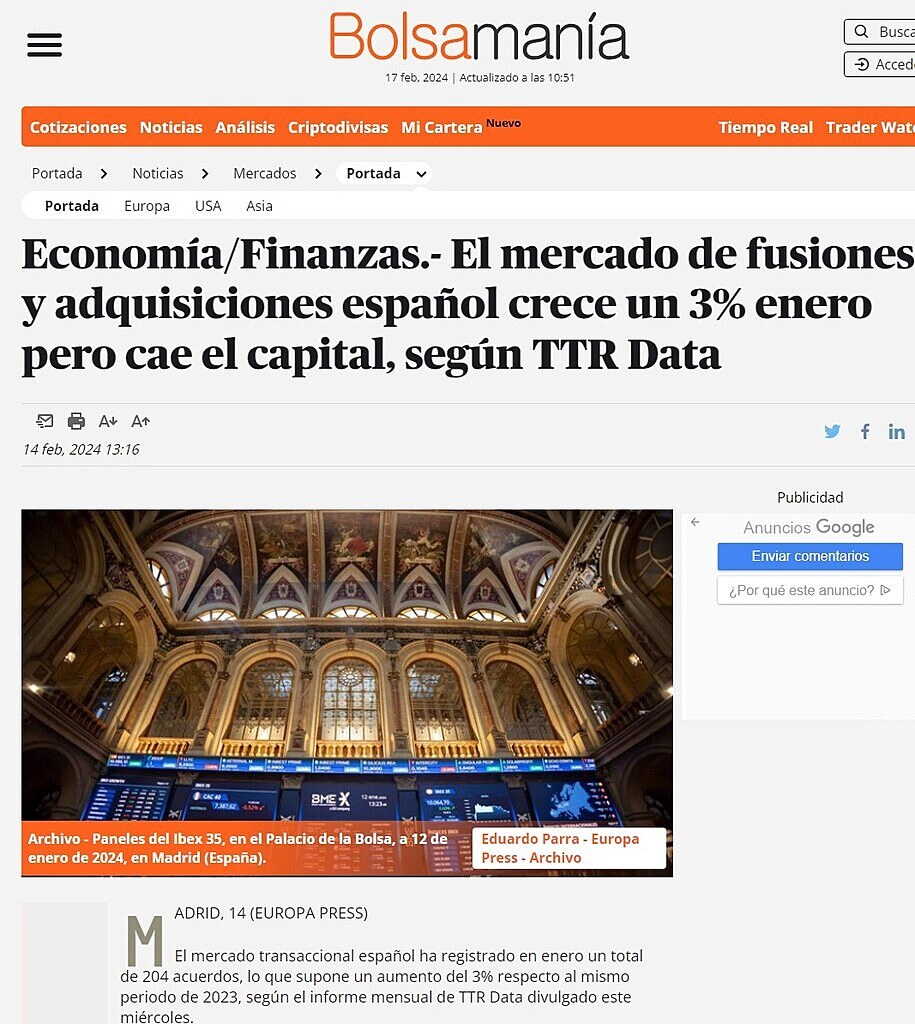 Economa/Finanzas.- El mercado de fusiones y adquisiciones espaol crece un 3% enero pero cae el capital, segn TTR Data